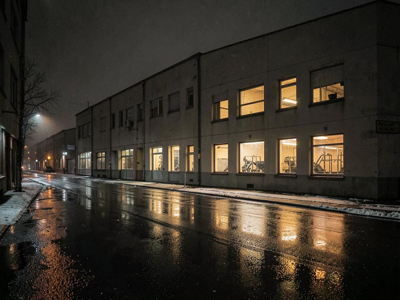 A Berlin street at night with lit gym windows